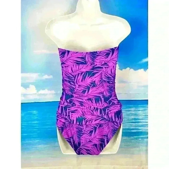 OLD NAVY Strapless PURPLE and NAVY BLUE Fern Print Swim Bathing Suit One Piece M - Picture 4 of 5
